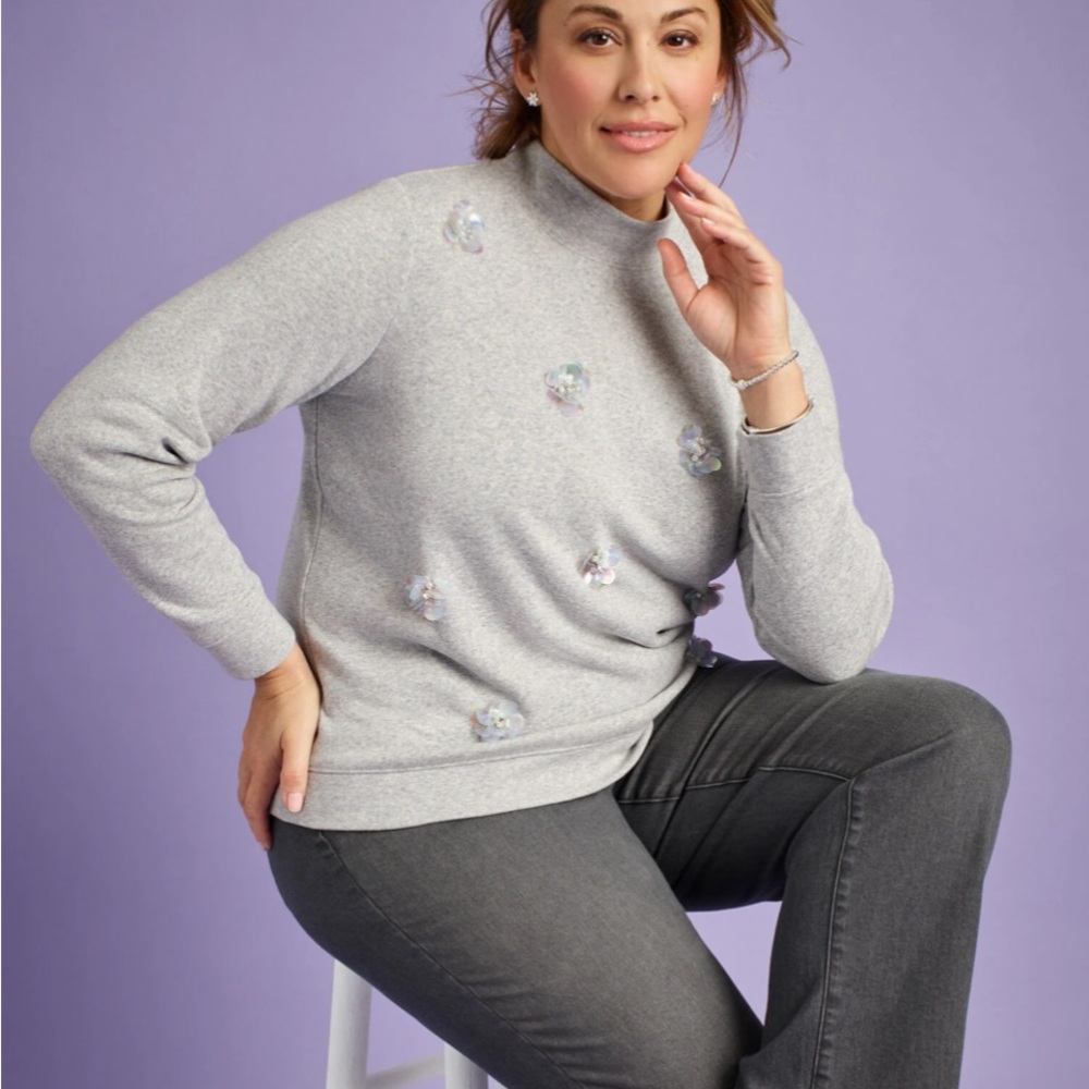 Talbots Gray Cotton Blend Embellishedā Mockneck Sweatshirt Size 2X